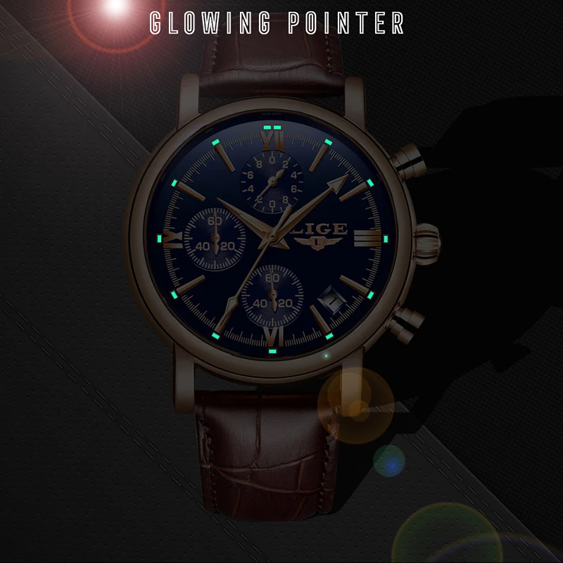 Часы наручные LIGE мужские с кожаным ремешком деловые модные водонепроницаемые