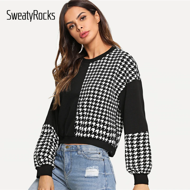 SweatyRocks черно-белая укороченная толстовка женская одежда с длинным рукавом пуловеры осень растягивающиеся толстовки