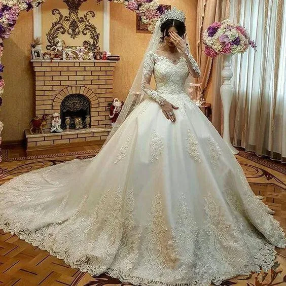 

Long Fabulous Sleeves Court Train Lace Applique Beads Belt Charm Muslim Arabic Wedding Dress Boho Sofuge Vestido De Noiva