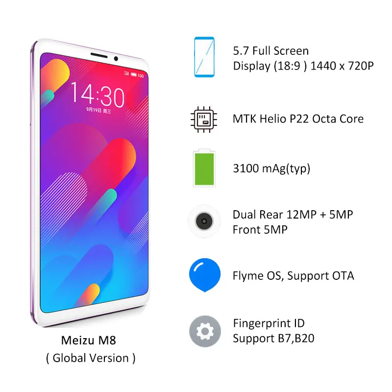 Глобальная версия, Meizu M8 V8, 4 ГБ, 64 ГБ rom, мобильный телефон MTK Helio P22, четыре ядра, 5,7 дюймов, 18:9, полный экран, разблокировка отпечатков пальцев