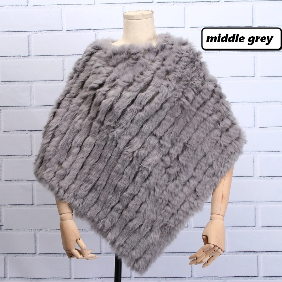 middel grey ZDFURS* Осень-зима, женское пончо из натурального кроличьего меха, треугольная меховая шаль, натуральный мех, пуловеры, вязаная накидка с кроличьим мехом - Цвет: middel grey