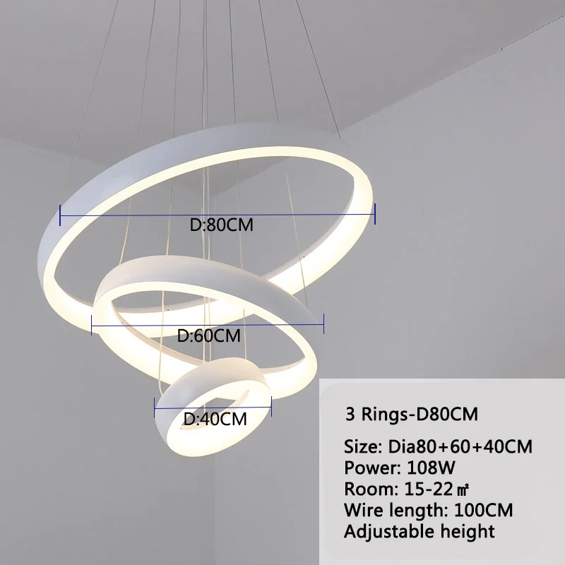3 Rings D80 60 40CM Белые/черные/коричневые кольца, современная светодиодная Люстра для гостиной, спальни, кухни, люстра, блеск, подвесная люстра, освещение - Цвет абажура: 3 Rings D80 60 40CM