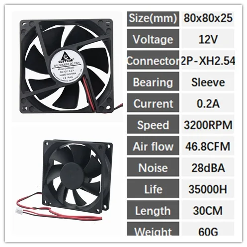 12V Sleeve 2P 5 штук в партии 8025 DC 5 в 12 В 24 в 48 В 2Pin 80 мм 80x80x25 мм 8 см рукав/шар бесщеточный Радиатор Вентилятор охлаждения - Цвет лезвия: 12V Sleeve 2P