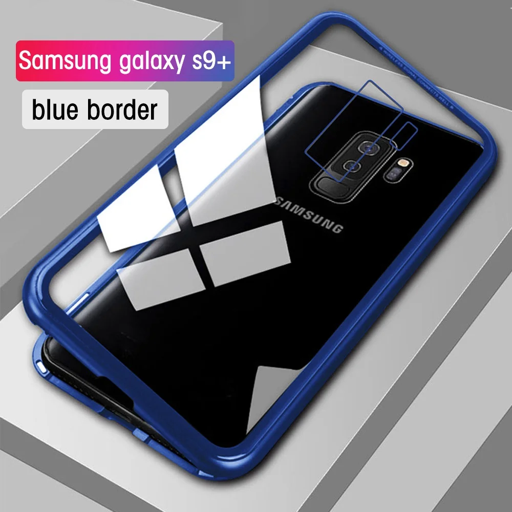 Transparent Blue Eqvvol Магнитный адсорбционный металлический чехол для samsung Galaxy S9 S8 Plus S7 Edge закаленное стекло задняя Магнитная Крышка для Note 8 9 чехол s - Цвет: Transparent Blue