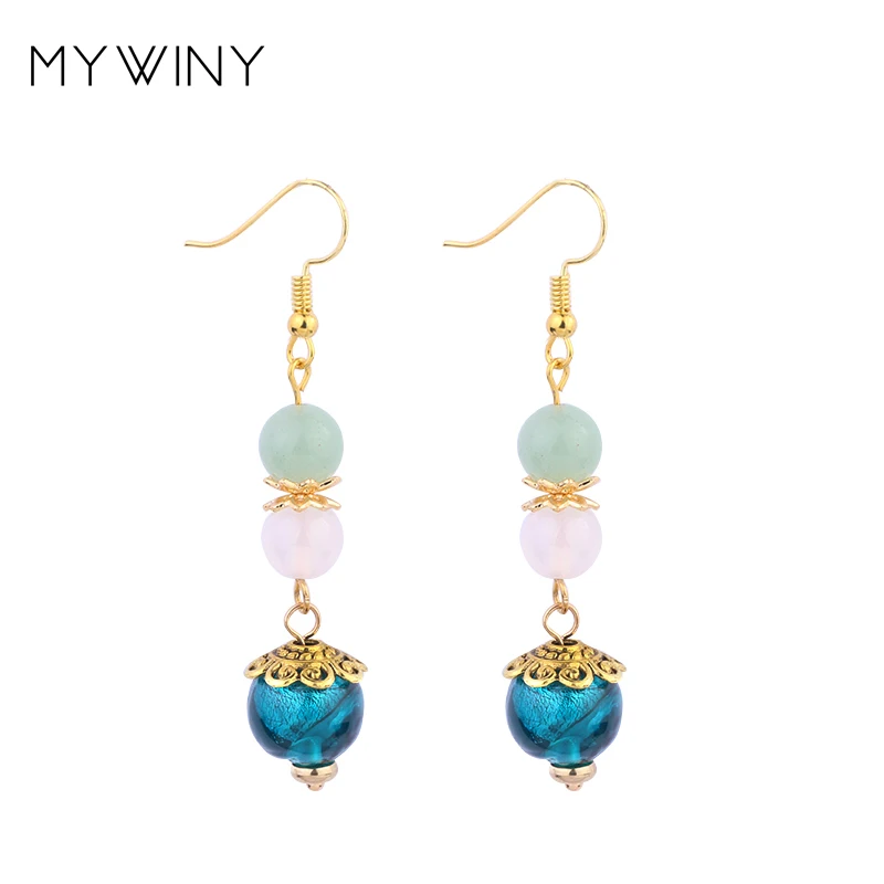 MYWINY природа камни Висячие этнические блестящие серьги из авантюрина винтажная