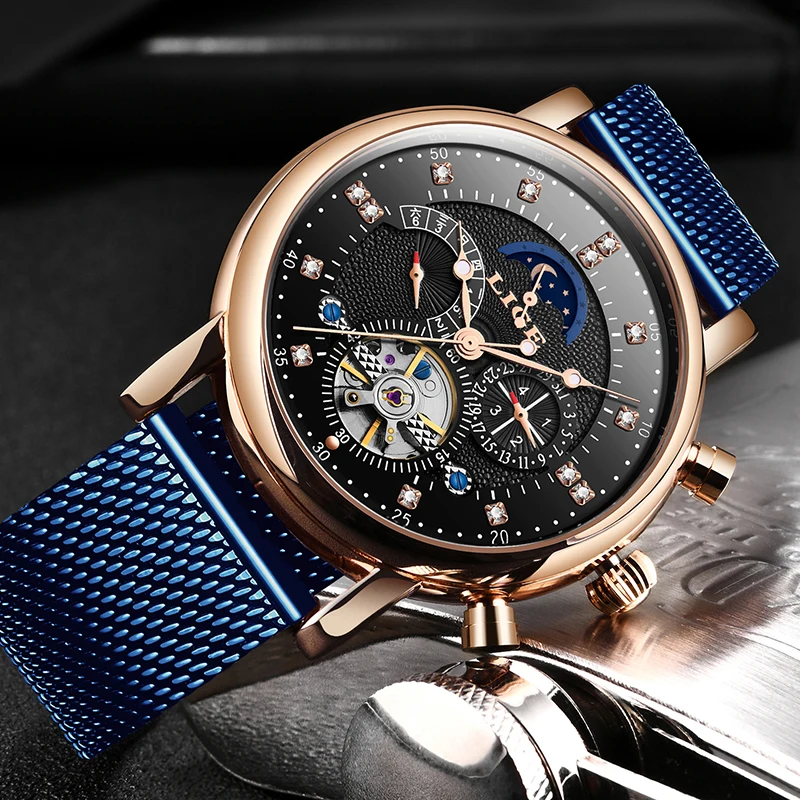 Часы наручные LIGE Мужские автоматические механические брендовые Роскошные