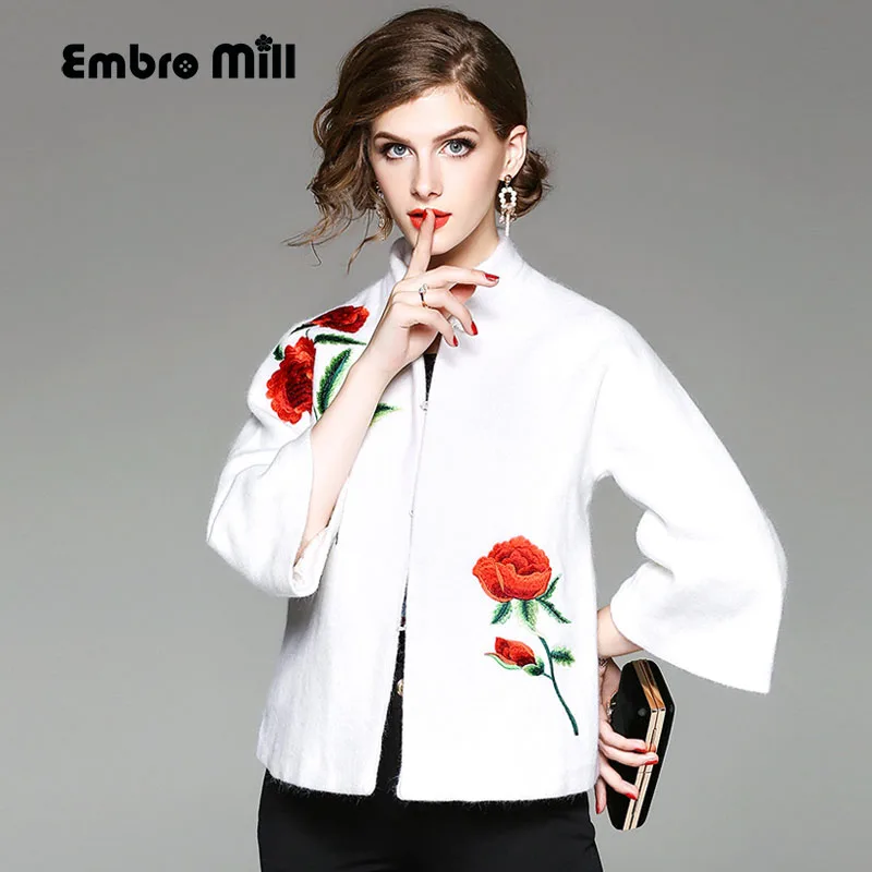 Женская шерстяная куртка с вышивкой элегантный Свободный Топ в винтажном стиле
