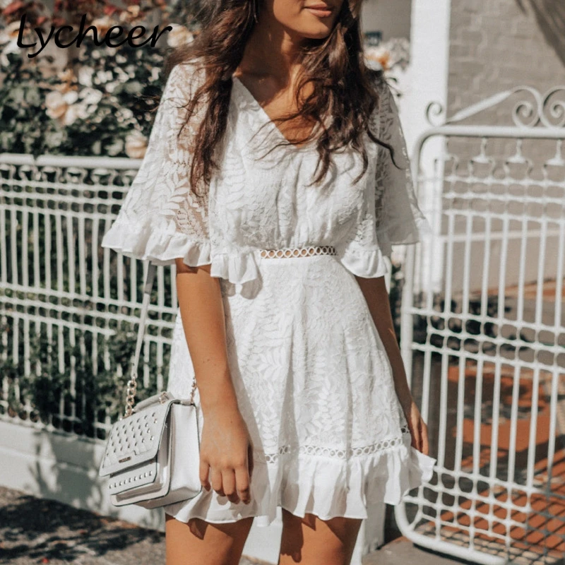 Lycheer Plus size ruffled lace embroidery lining women dress Vintage hollow out high waist sexy V-neck A-line party | Женская одежда