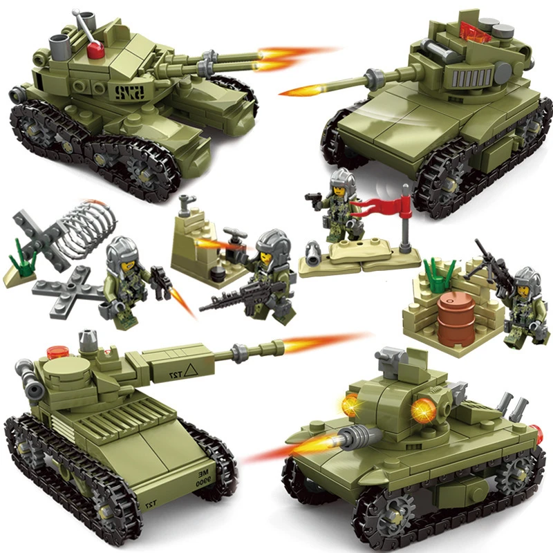 632pcs Army Model Tanks 4 In 1 Assemblage Building Blocks Set Compatible Legoed Military Weapon Tank Diy Bricks Children Toys | Игрушки и