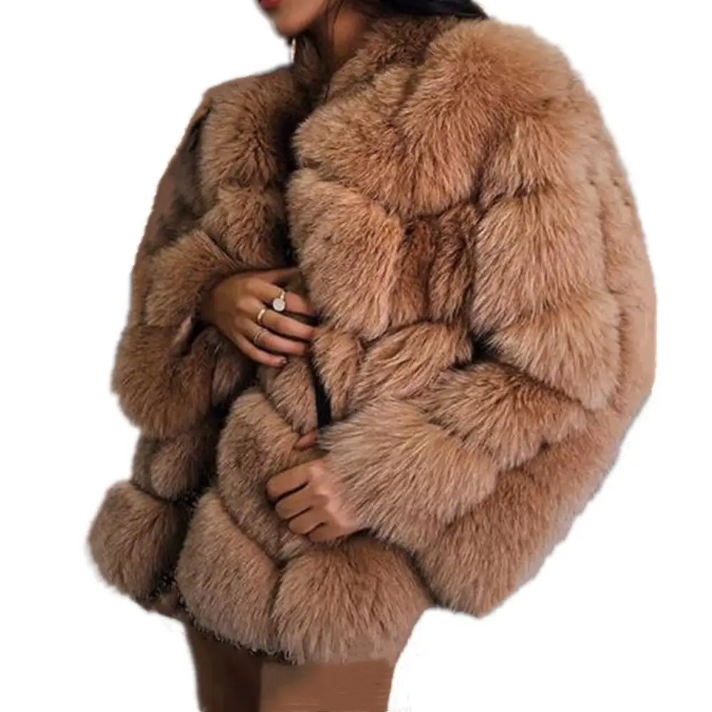 

2019 Women Winter outwear New luxury faux fox fur coat fluffy Faux fur coat jacket casual Long sleeve furs coat Overcoat