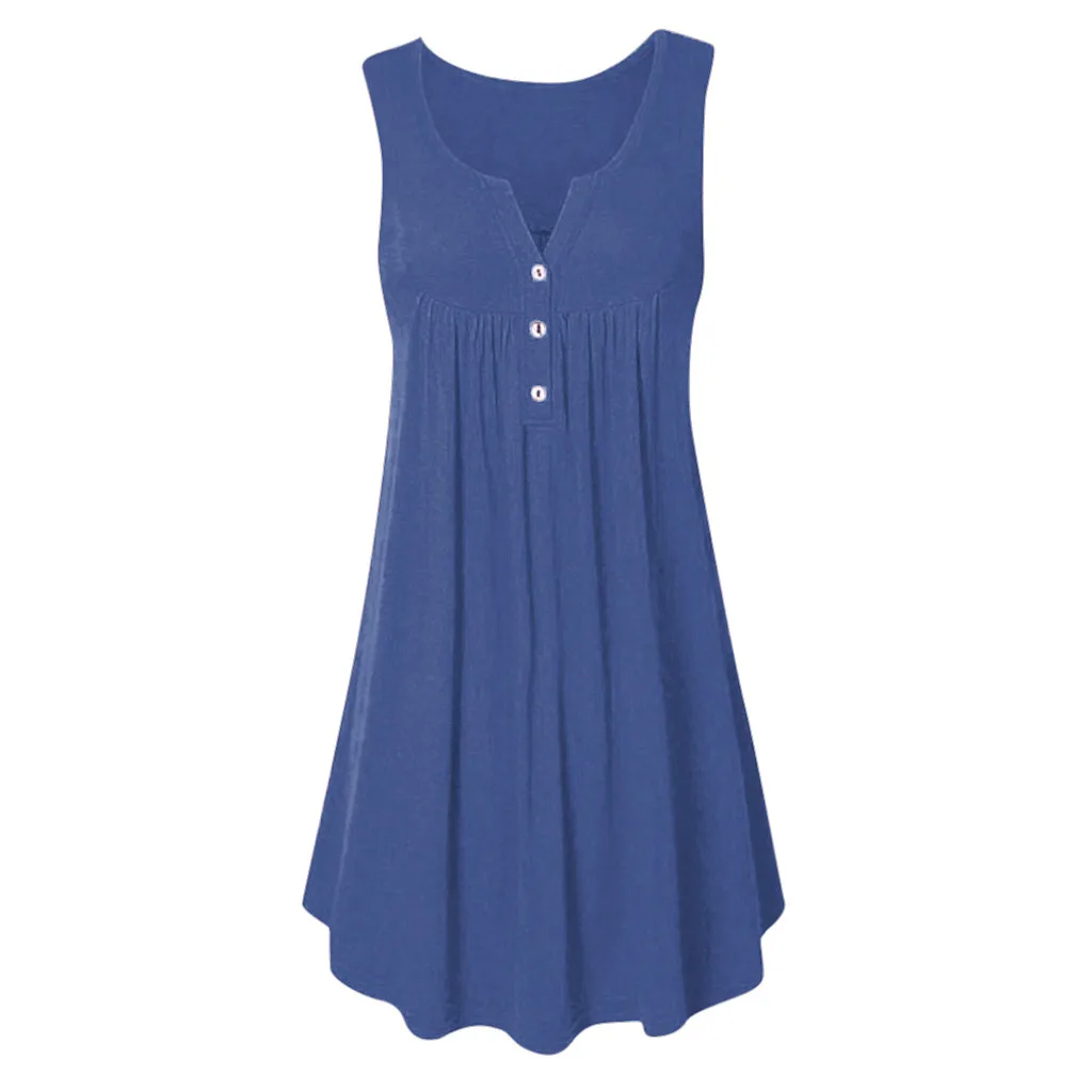 Light blue Женское платье с круглым вырезом, Повседневное платье на пуговицах без рукавов, платье выше колена, свободные вечерние однотонные Мини платья, модное летнее платье, Новинка - Цвет: Light blue
