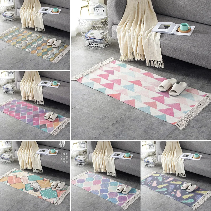 

Colorful Geometric Retro Carpet Cotton Linen Sofa Living Room Bedroom Hand-crafted Tassels Rug Coffee Table Runner Floor Carpets