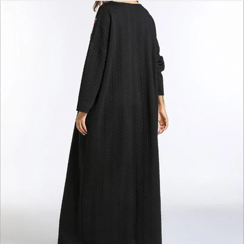 Женское зимнее платье с вышивкой Abaya утепленное трикотажное хлопковое длинное