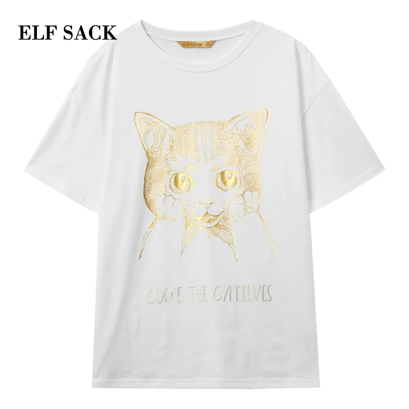 ELFSACK 2019 весенние негабаритные футболки женские повседневные короткие с принтом