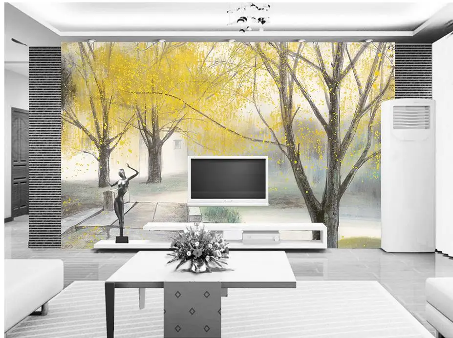Обои для гостиной акварельные Золотые деревья фрески окна Настенные обои
