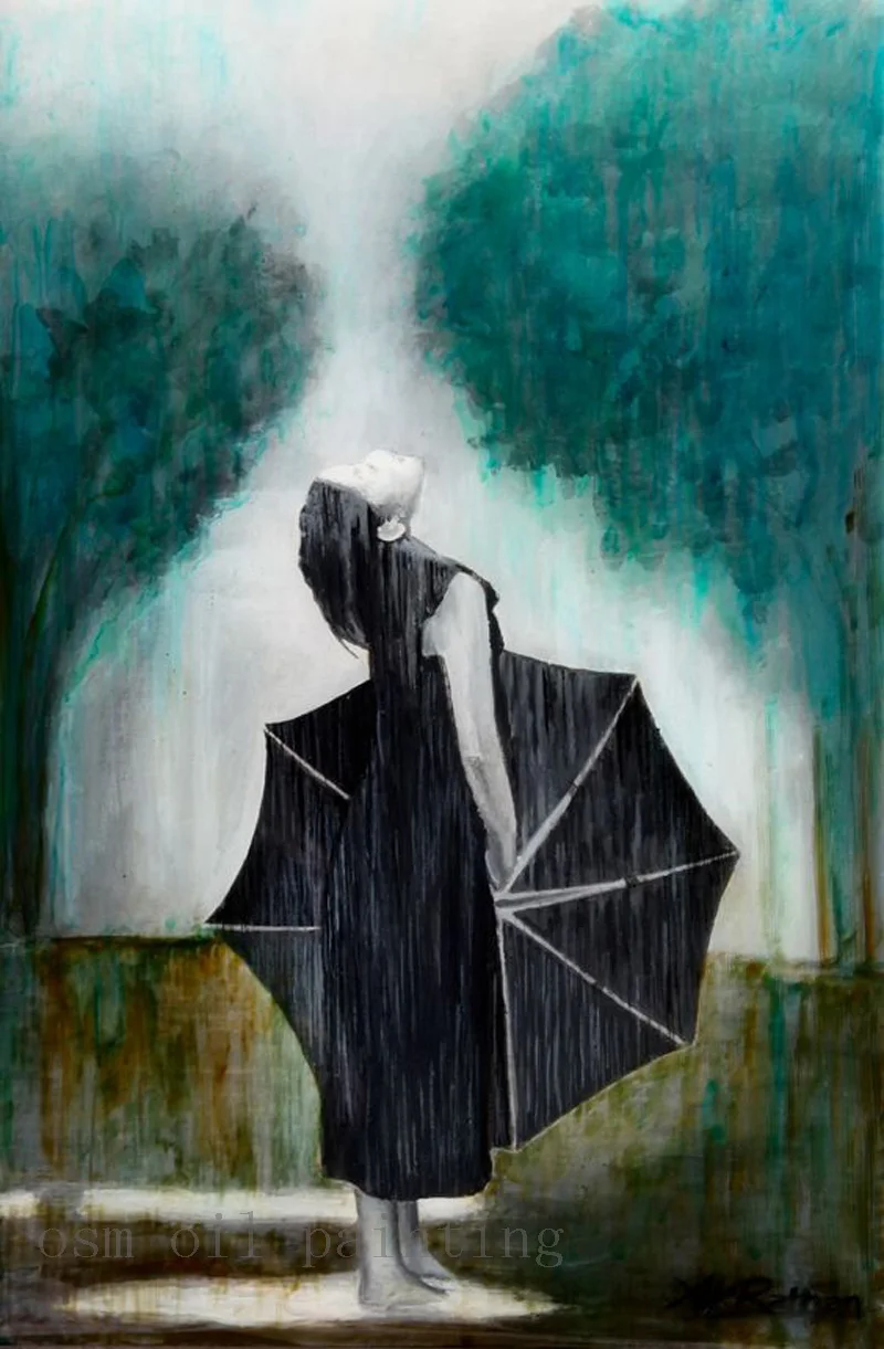 

Handmade Modern Abstract the Girl with Umbrella in Rain Emotional Abstract Wall Art Oil Painting on Canvas Handmade Hang Picture