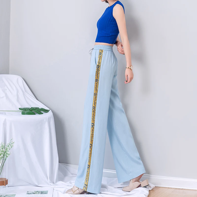Women Tencel Wide Leg Pants 2019 Summer High Waist Lace Up Striped Loose Full Length Sequin Woman Plus Size 5XL Trousers Женская