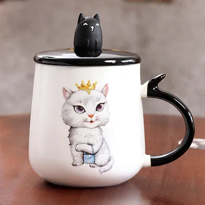 Креативные керамические кофейные кружки с 3D кошачьей крышкой с крышкой и ложкой, чашка для чая, сока, молока, подарок для девочки, керамические кружки в мультяшном стиле - Цвет: with crown
