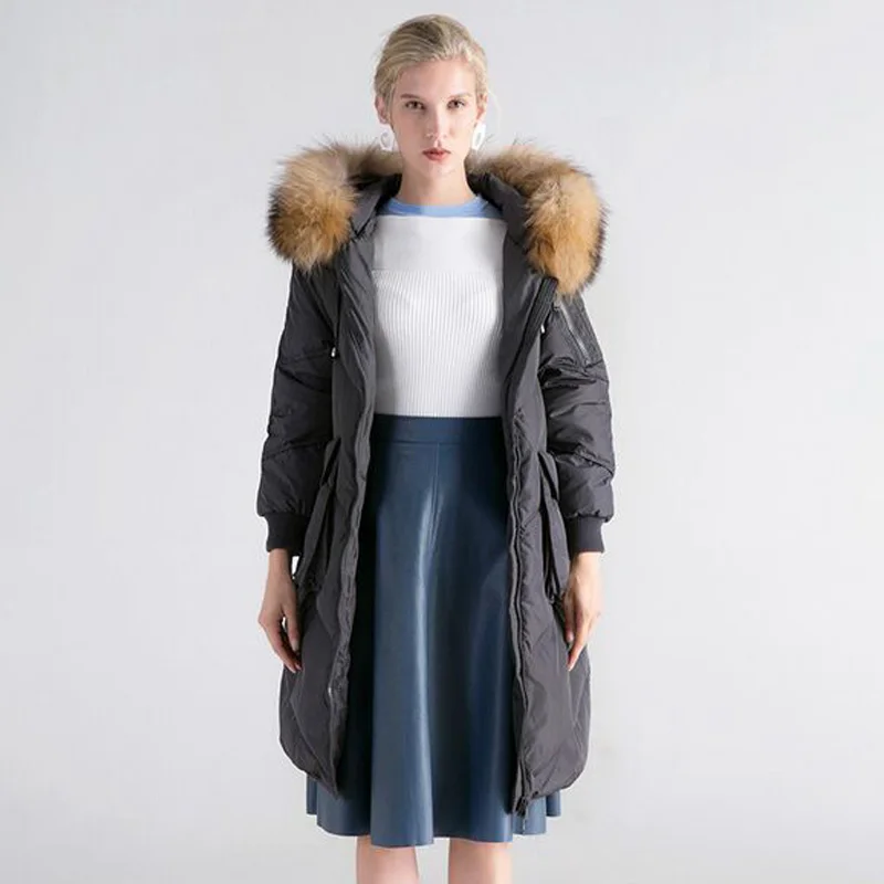 grey blue Новое модное женское зимнее пальто с натуральным мехом енота, куртки на белом утином пуху, теплая парка с длинным капюшоном, зимняя женская куртка - Цвет: grey blue
