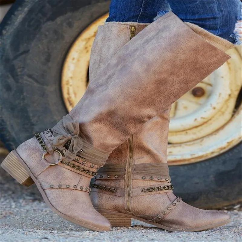 Однотонные ковбойские длинные сапоги на шнуровке для женщин низком квадратном