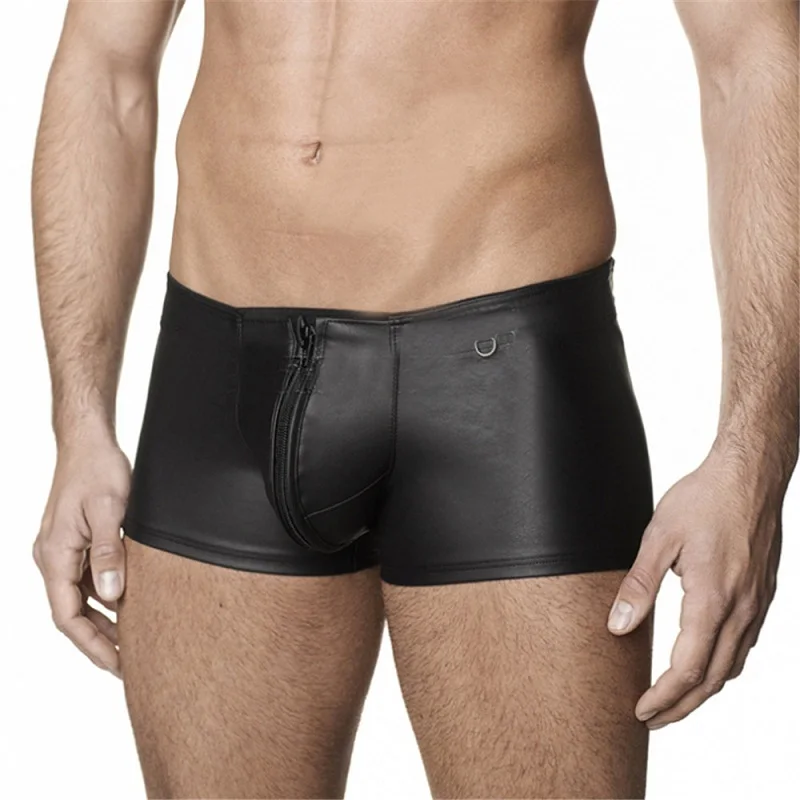 

Mens Leather Boxer Shorts Trunk Black Sexy Zip Open Crotch Boxer Homme Gay Fetish Vinyl Clubwear Leather Male Underwear Boxers