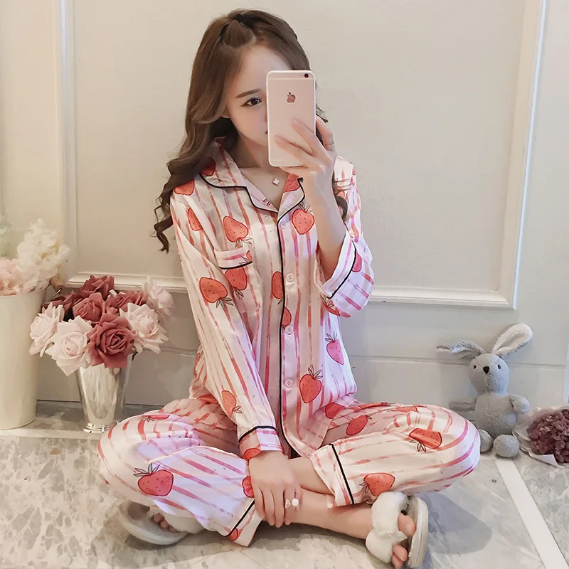 2019 женская пижама с длинным рукавом женские Клубничные комплекты v образным