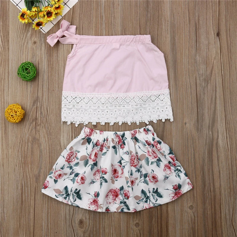 Летние комплекты одежды с цветочным принтом для маленьких девочек короткие топы