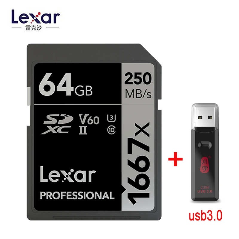 1667X 64GB-C396 Lexar 250 МБ/с. 1667x U3 Class 10 SDXC карты 64 Гб 128 256 250 МБ/с. карта памяти 32Гб SD UHS-II флэш-карта памяти для 3D 4K цифровой Камера - Емкость: 1667X 64GB-C396