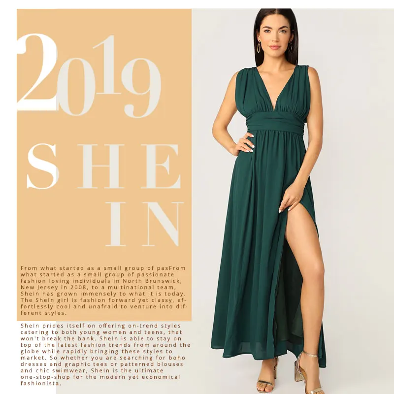 SHEIN Платье На Молнии Сзади С Высоким Разрезом И V-Образным Вырезом Женские Элегантные Платья Без Рукавов