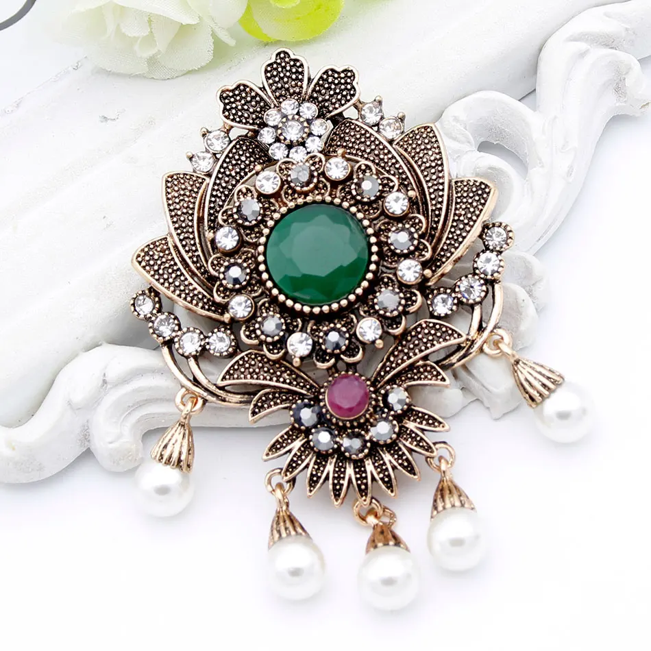 Винтажная брошь в виде индийского цветка с бусинами булавки античное золото