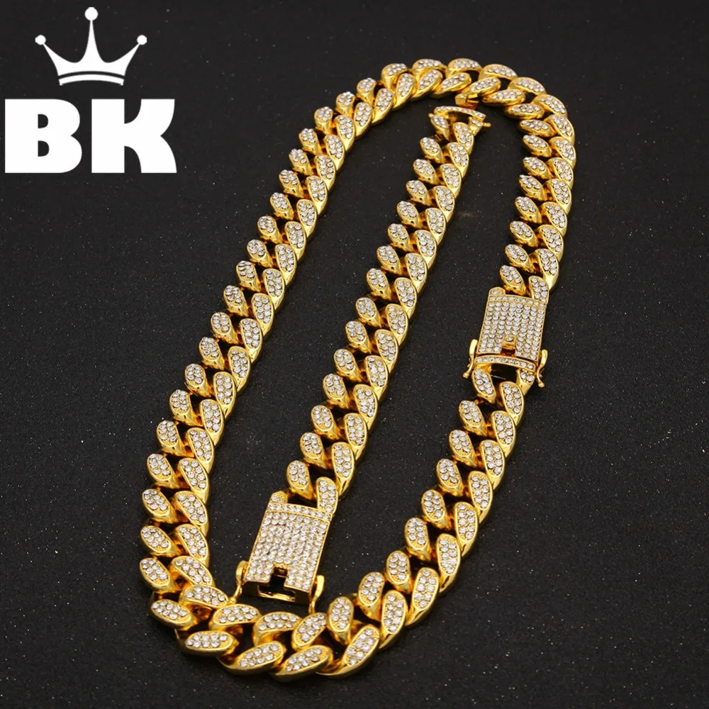 2cm HipHop Gold Color Iced Out Crystal Miami Cuban Chain Gold silver color  Necklace & Bracelet Set  HOT SELLING THE HIPHOP KING