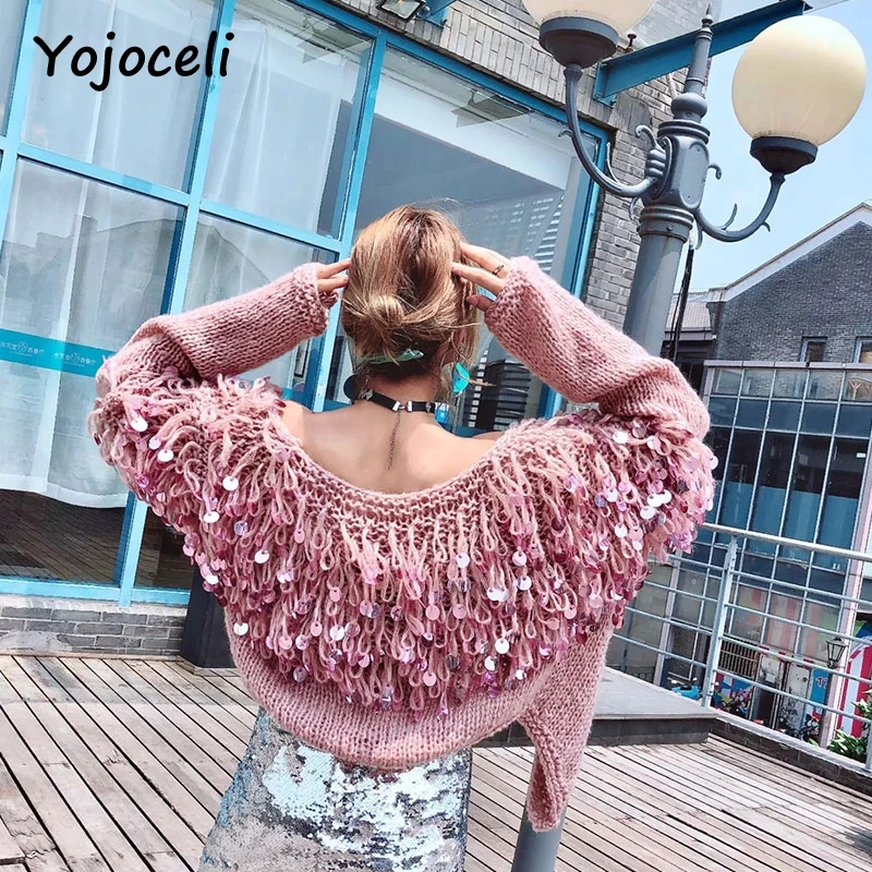 Yojoceli chic 2018 осень witner Блестки bling вязаный свитер Открыть стежка ручной работы