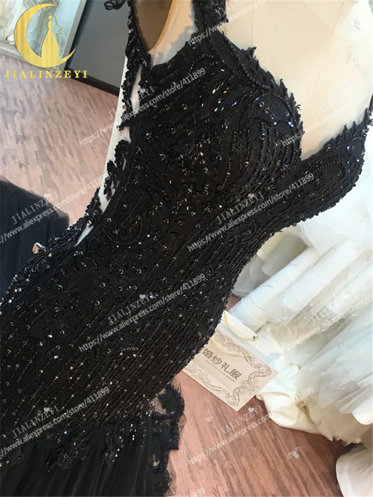 Rhine Real Sample Image Black Lace with Crystal Mermaid Sexy Backless High Quality Gown Party Dresses Evening Dresses