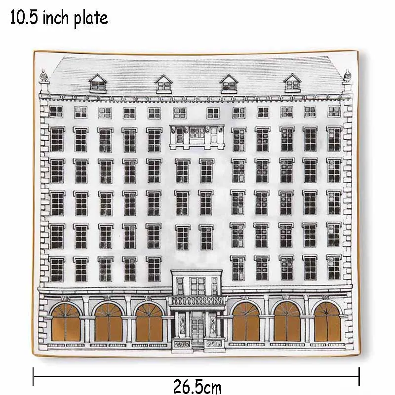 10.5 inch plate Костяной фарфор, Квадратная тарелка, кофейная чашка, блюдце, набор, ручная роспись, здание, послеобеденный чай, чашка, Бытовая Посуда, поднос для завтрака, Набор чашек - Цвет: 10.5 inch plate