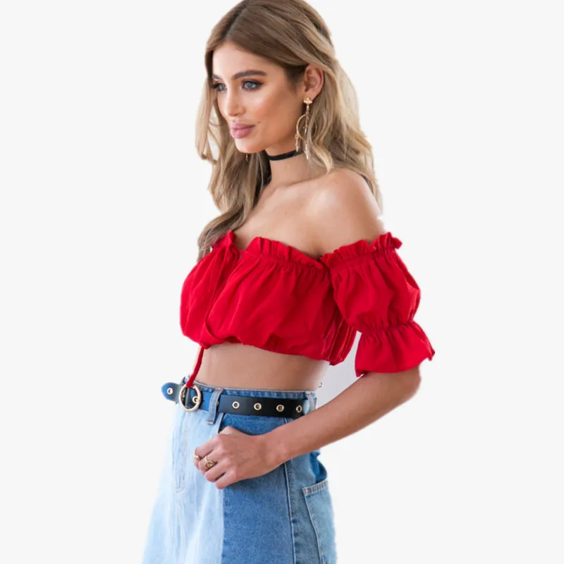 Pofunuo шифон блузка рубашка Женщины Топы Boho с плеча коротким рукавом