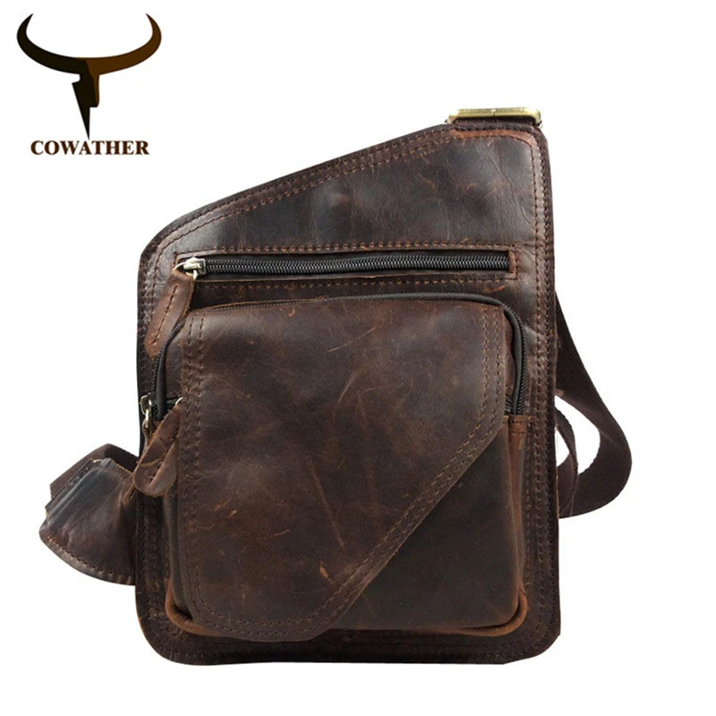 

COWATHER Top cow genuine leather messenger bag versatile casual shoulder men's bags for men soild and zipper design male bag