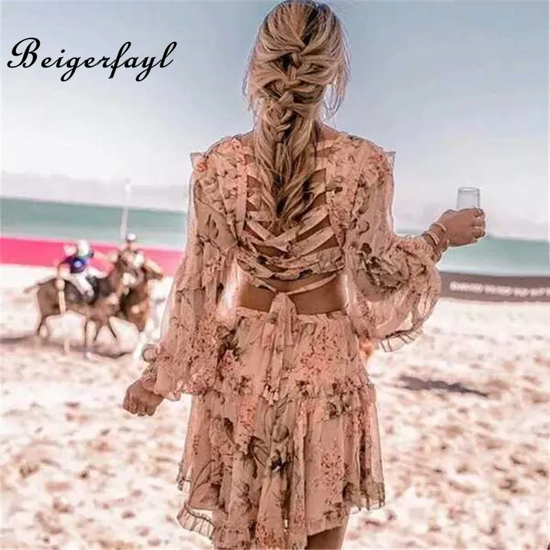 Beigerfayl Sexy Women Beach Elegant Dress Lantern Sleeves 2019 Bohemian Deep V Neck Long Sleeve Floral Print TDR15651 | Женская одежда