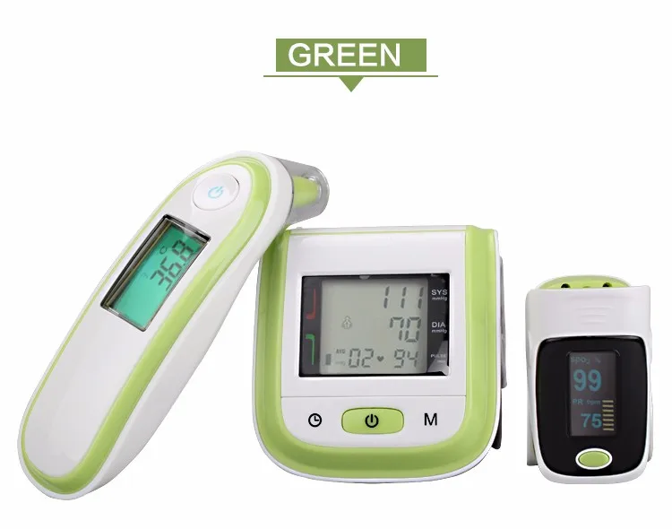 Green Тонометр для измерения артериального давления, Пульсоксиметр для пальцев, инфракрасный термометр для ушей, Сфигмоманометр для измерения артериального давления - Цвет: Green