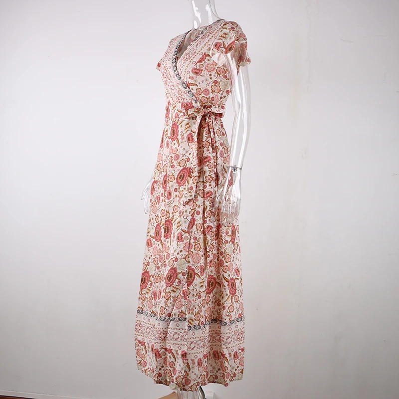 Nadafair Boho цветочное Макси Платье женское с v-образным вырезом сплит сексуальное летнее пляжное платье с коротким рукавом повседневное винтажное длинное платье с цветочным принтом