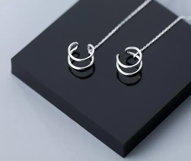 1Pair Authentic Real 925 Sterling Silver fine Jewelry Geometric Open Double Rows Threader dangle Earrings GTLE2558