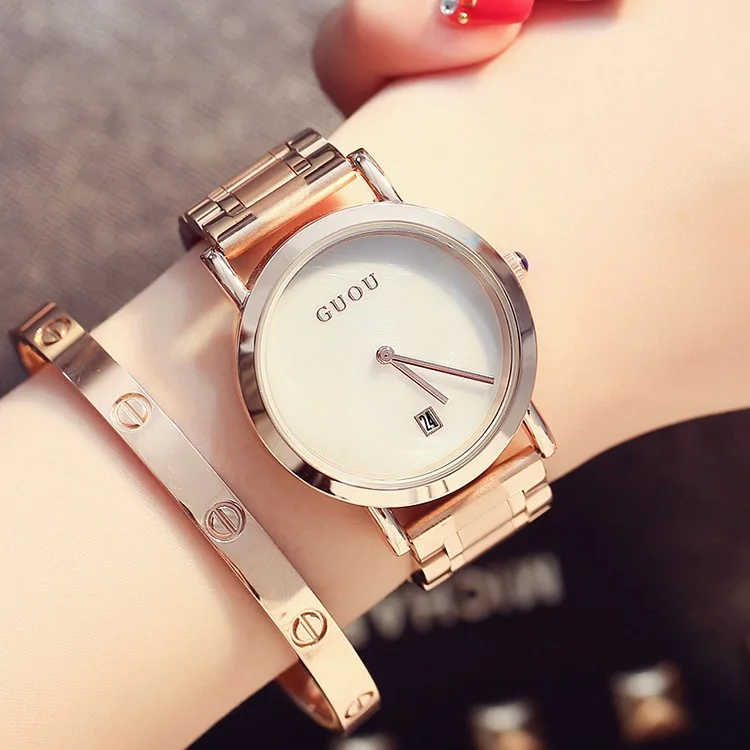 

2018 Luxury High Quality GUOU Rose Gold Stainless Steel Bracelet Quartz Wristwatches Wrist Watch for Women Girls Japan Movt
