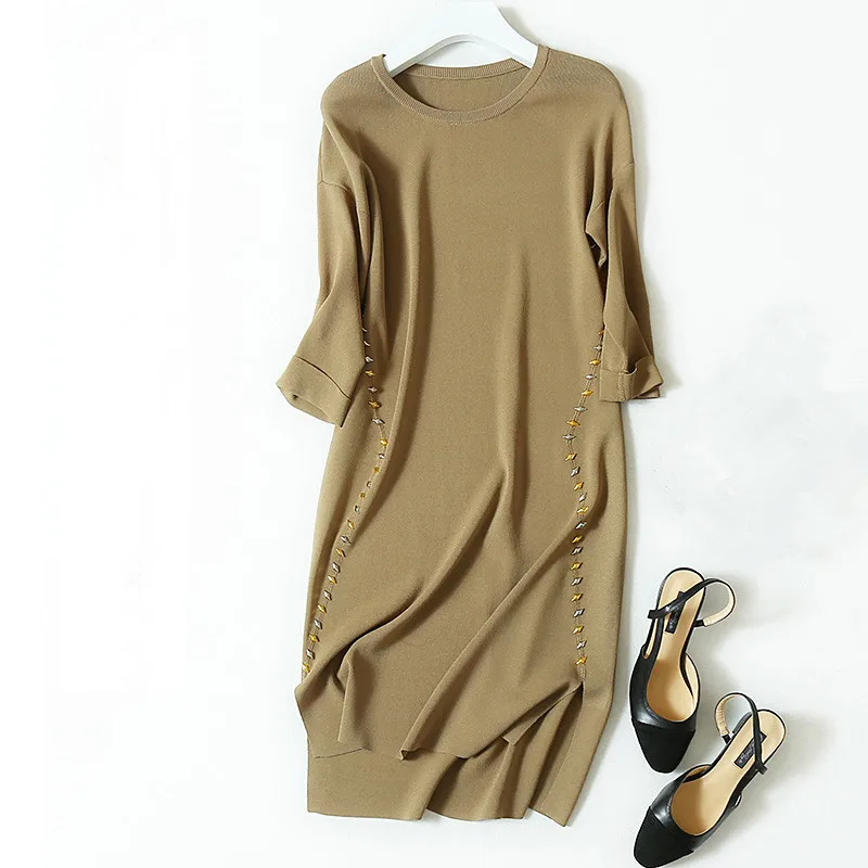 Женское трикотажное платье-свитер из смеси шерсти и льна асимметричное длинное с