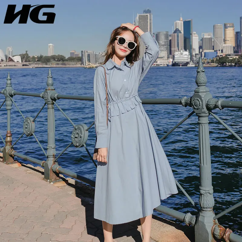 [HG] 2019 весна лето корейская мода новое женское повседневное однотонное платье до