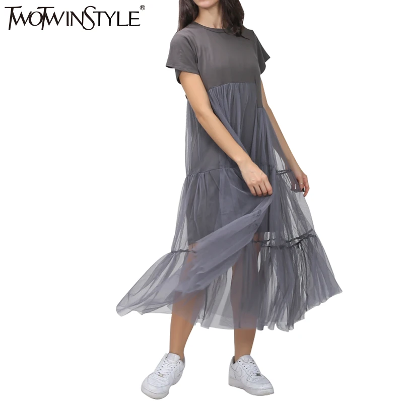TWOTWINSTYLE Лето Корейский сплайсинга плиссированные тюль футболка платье для женщин большой размер черный серый цвет одежда новая мода