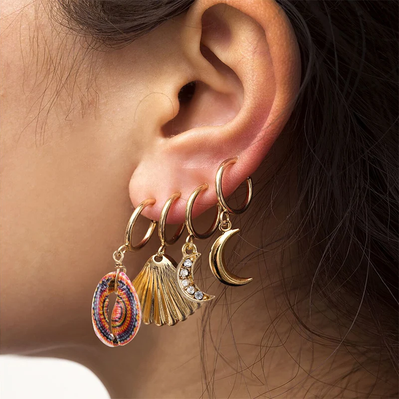 

Bohemian Natural Shell Hoop Earrings Angel Metal Droping Earrings Simple Heart Moon Jewelry Punk Fashion Circle Clip For Women