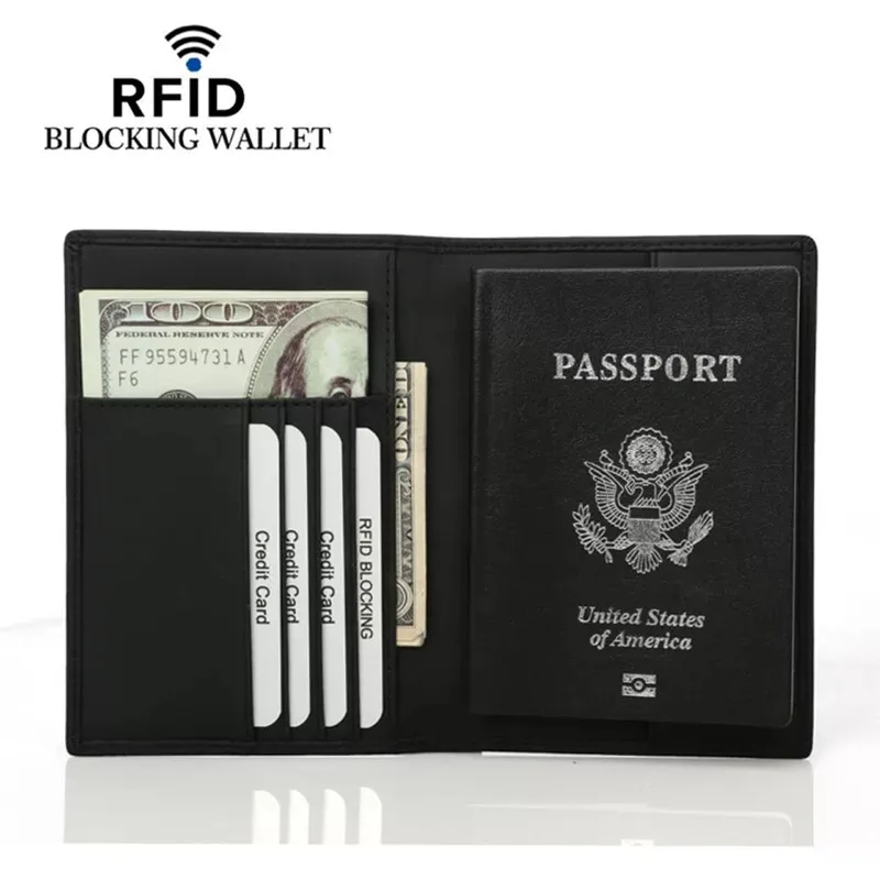 Черный чехол для паспорта из натуральной кожи кошелек с блокировкой Rfid дорожный