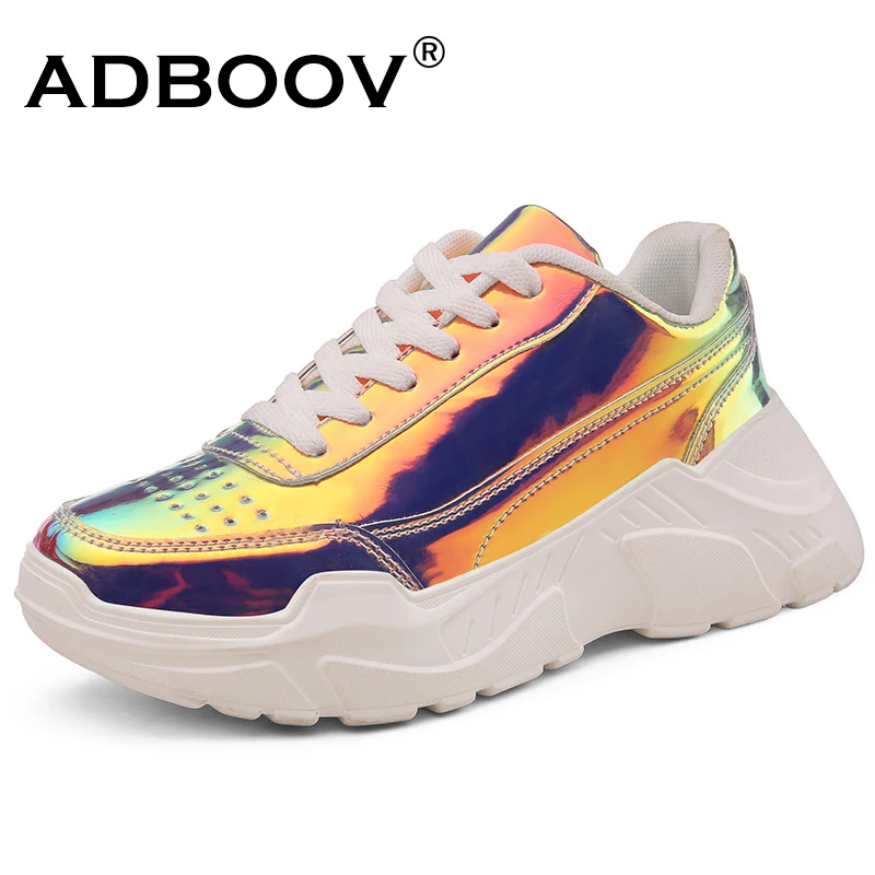 Женские кроссовки ADBOOV модные разноцветные из лакированной кожи на платформе |