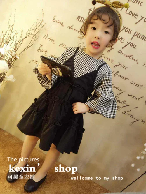 2018 new spring item girl cute plaid dress dorable design fake two pieces puff sleeve princess | Детская одежда и обувь