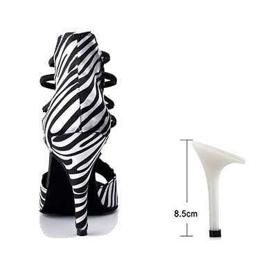 Zebra texture 8.5cm Ladingwu зебра текстуры атласа весенне-летние сапоги-сандалии Для женщин сандалии Танго Туфли для латинских танцев на высоком каблуке 6/7. 5/8. 5/10 см - Цвет: Zebra texture 8.5cm