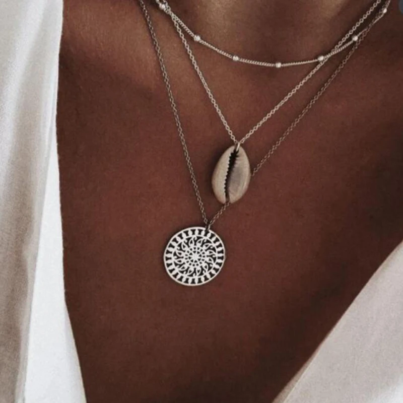Docona Boho Beach Metal Shell Hollow Flower Pendant Layered Necklace For Women Vintage Crystal Cross Letter Jewelry Collars | Украшения и